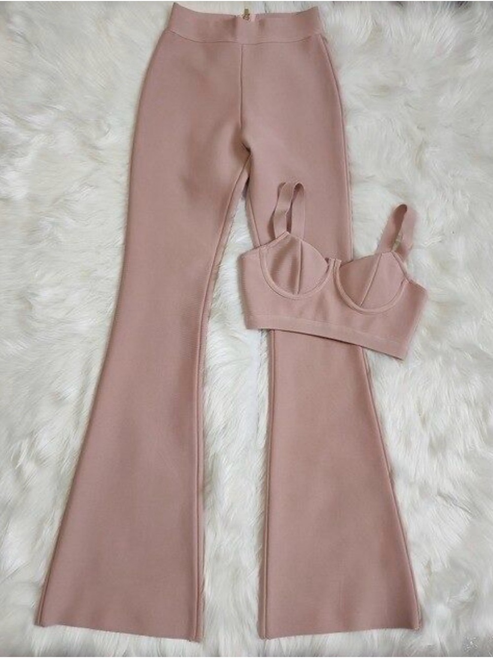Blush Pink Two-Piece Ribbed Set - Flared Pants & Crop Bustier